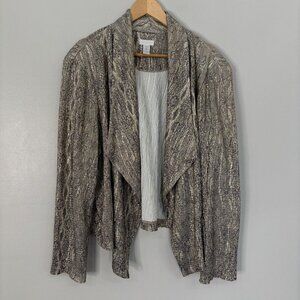 Chico's Jacket 3 Women's XL Gray Gold Metallic Animal Print Open-Front